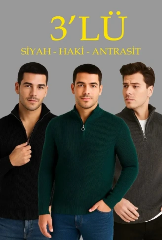 Erkek Fitilli Triko Kazak 3’lü Set – Haki, Siyah, Antrasit Kalın Dokuma Pamuklu Regular Fit V Yaka Fermuarlı Uzun Kollu Rahat Kışlık Kazak Kombini
