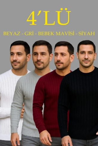 Erkek Fitilli Triko Kazak 4’lü Set Beyaz Bordo Gri Siyah Regular Fit Bisiklet Yaka Kazak Triko Kombini