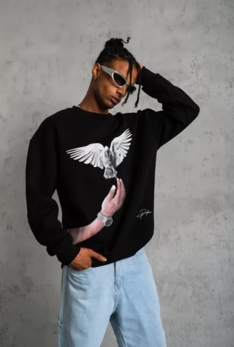 Erkek Güvercin Baskılı Sweatshirt - Siyah