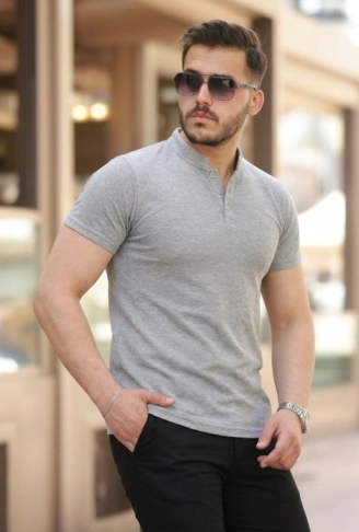 Erkek Hakim Yaka Dokuma Pamuklu Kumaş Kısa Kollu T-shirt