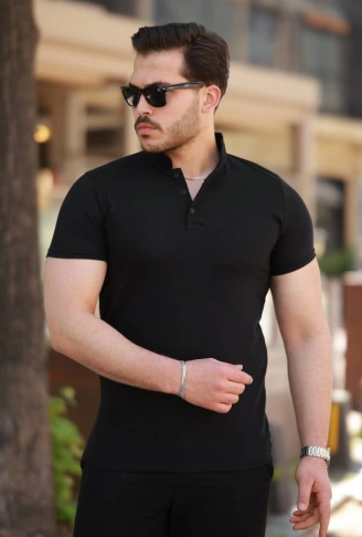 Erkek Hakim Yaka Dokuma Pamuklu Kumaş Kısa Kollu T-shirt