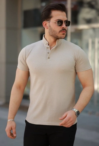 Erkek Hakim Yaka Dokuma Pamuklu Kumaş Kısa Kollu T-shirt
