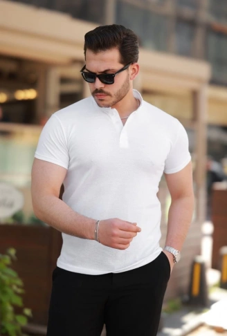 Erkek Hakim Yaka Dokuma Pamuklu Kumaş Kısa Kollu T-shirt