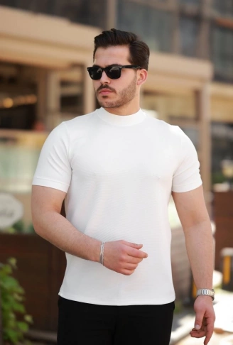 Erkek Ince çizgi Dokulu Kısa Kollu T-shirt