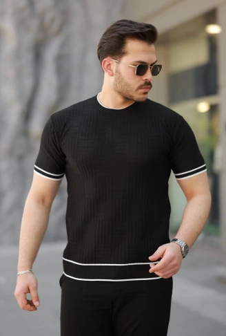 Erkek Jakarlı Ribanalı Kısa Kollu T-shirt