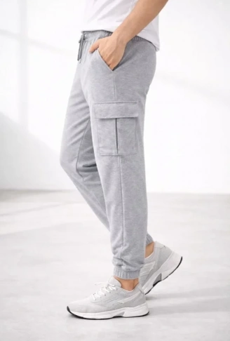 Erkek Jogger Eşofman Altı Regular Fit , Kargo Cepli, Lastikli Paça, Günlük Spor Pantolon - Gri