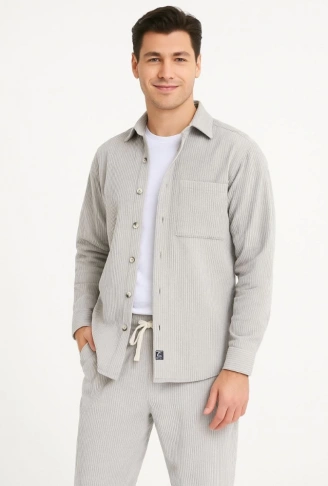 Erkek Kadife Oversize Takım – Gömlek Ve Pantolon İkili Set Füme Corduroy Şıklığı, Rahat Ve Zarif Duruş Yumuşak Dokulu Kadife Kumaş, Düğmeli Gömlek Üst Ve Lastikli Pantolon Alt Parça Ile Gün Boyu Konfor- Gri