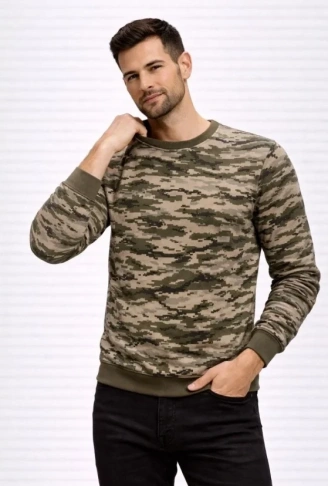 Erkek Kamuflaj Desenli 2 İplik 4 Mevsim Uzun Kollu Bisiklet Yaka Sweatshirt - Kamuflaj