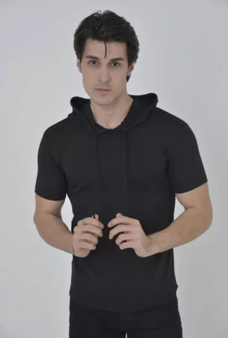 Erkek Kapşonlu Slim Fit T-shirt - Siyah