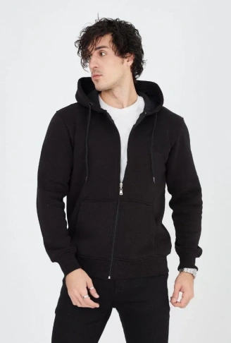 Erkek Kapüşonlu Düz Fermuarlı Hırka - Siyah