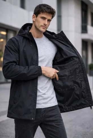 Erkek Kapüşonlu Su İtici Rüzgarlık Ceket Mevsimlik Hafif Mont - Siyah