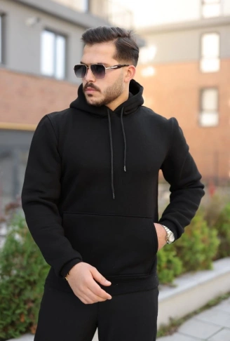 Erkek Kapüşonlu Üç İplik Şardonlu Hoodie