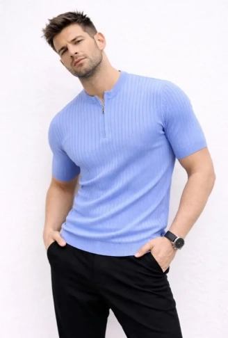 Erkek Kısa Kol Fitilli Triko T-Shirt Yazlık Hakim Yaka Tişört - Bebek Mavisi