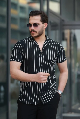 Erkek Kısa Kollu Beyaz çizgi Desenli örme Kumaş Pamuklu Gömlek