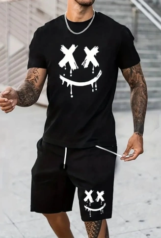 Erkek Kısa Kollu Bisiklet Yaka Baskılı Bluz Ipli Short Iki Iplik Takım