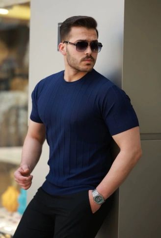 Erkek Kısa Kollu Bisiklet Yaka çizgili Triko Tişört