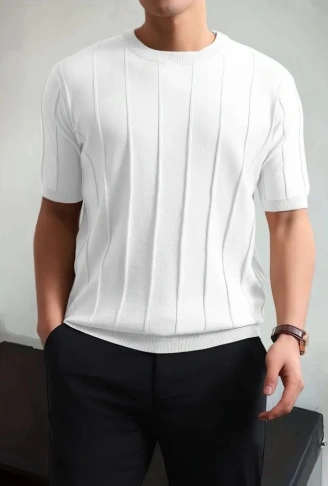 Erkek Kısa Kollu Bisiklet Yaka çizgili Triko Tshirt