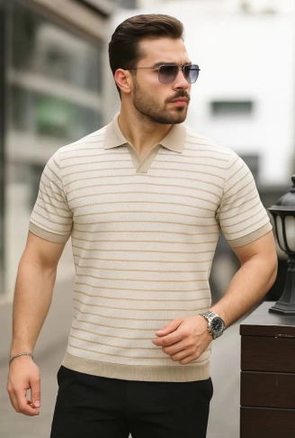 Erkek Kısa Kollu çizgi Desenli örme Kumaş Tshirt