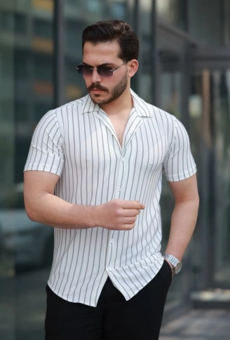 Erkek Kısa Kollu Gri çizgi Desenli örme Kumaş Pamuklu Gömlek