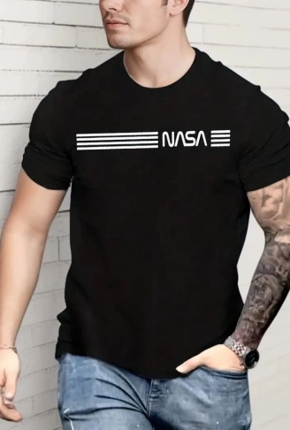 Erkek Kısa Kollu NASA Baskı Bisiklet Yaka T-shirt