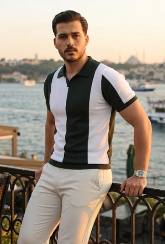 Erkek Kısa Kollu Polo Yakalı Blok Desenli Triko Bluz