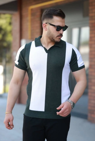 Erkek Kısa Kollu Polo Yakalı Blok Desenli Triko Bluz