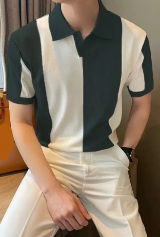 Erkek Kısa Kollu Polo Yakalı Blok Desenli Triko Tişört