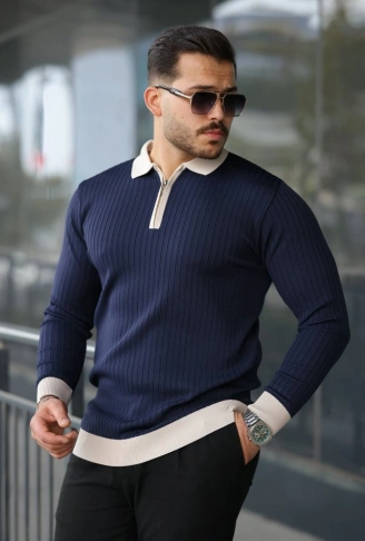 Erkek Kol Ve Yaka Detaylı Uzun Kollu Triko