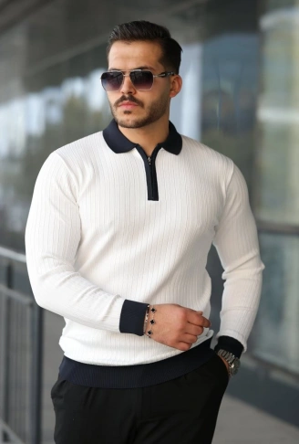 Erkek Kol Ve Yaka Detaylı Uzun Kollu Triko