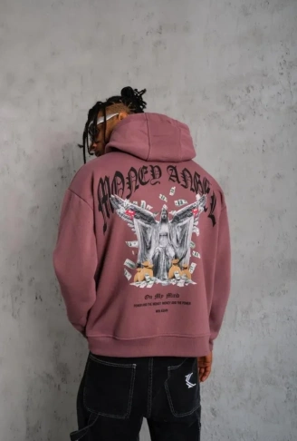 Erkek Kordon İpli Baskılı Kapüşonlu Sweatshirt - Gül Kurusu