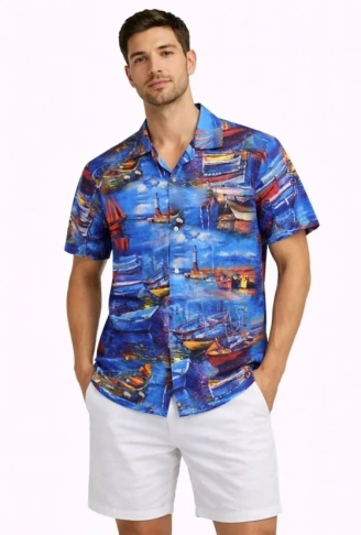 Erkek Marin Desenli Kısa Kol Gömlek Yazlık Rahat Kalıp Dijital Baskılı - Desenli