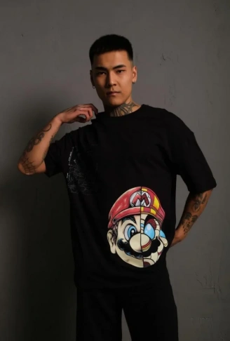Erkek Mario Baskılı Oversize T-Shirt - Siyah
