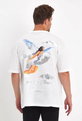 Erkek Melek Baskılı Oversize T-shirt - Beyaz