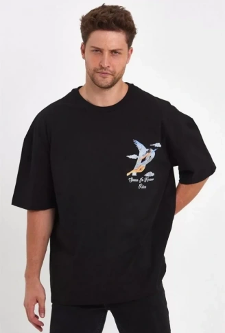 Erkek Melek Baskılı Oversize T-shirt - Siyah