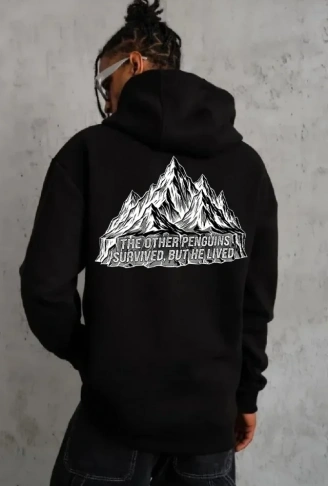 Erkek Nihilist Penguen Temalı Oversize Kapüşonlu Sweatshirt - Siyah
