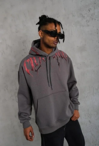 Erkek Ön Ve Arka Baskılı Kapüşonlu 3 İplik Sweatshirt - Füme