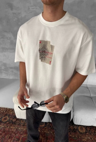 Erkek Ön Ve Arka Baskılı Oversize Bisiklet Yaka T-shirt - Beyaz