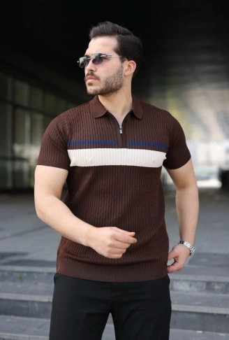 Erkek Örgü Desenli Renkli Kısa Kollu Triko Tişört