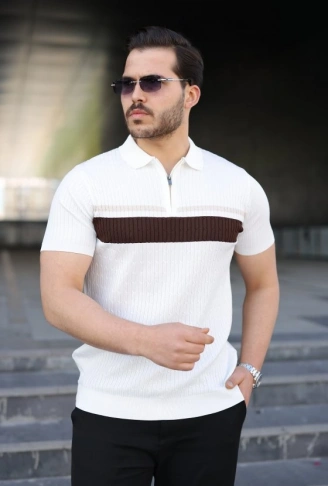 Erkek Örgü Desenli Renkli Kısa Kollu Triko Tişört