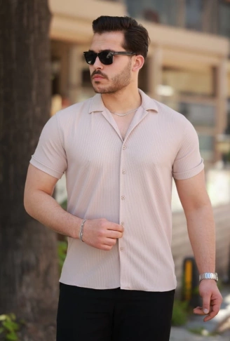 Erkek Ottoman Kumaş Apaj Yaka Kısa Kollu Gömlek