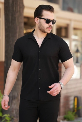 Erkek Ottoman Kumaş Apaj Yaka Kısa Kollu Gömlek