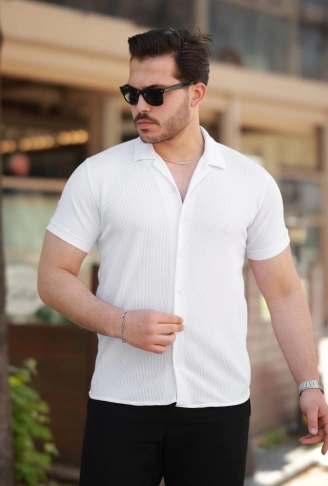 Erkek Ottoman Kumaş Apaj Yaka Kısa Kollu Gömlek