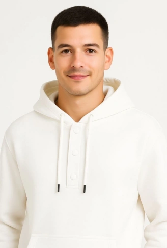 Erkek Ovarsize Kapüşonlu Swetshirt Kanguru Çepli Cıtcıtlı 3 Iplik Şardonlu Hoodie - Beyaz