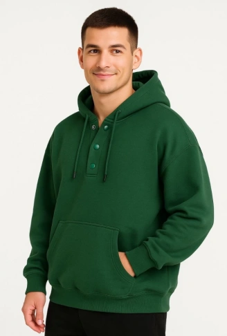 Erkek Ovarsize Kapüşonlu Swetshirt Kanguru Çepli Cıtcıtlı 3 Iplik Şardonlu Hoodie - Haki