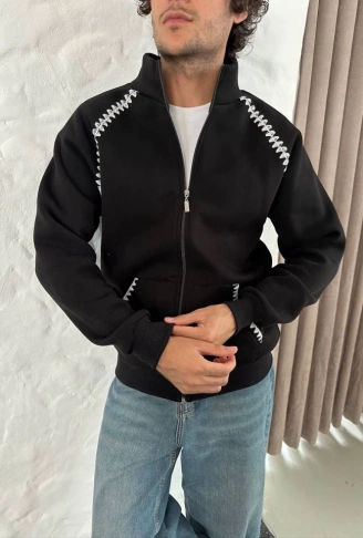 Erkek Oversize Dik Yaka Fermuarlı Sweatshirt - Zincir Nakışli Kanguru Cepli - Siyah