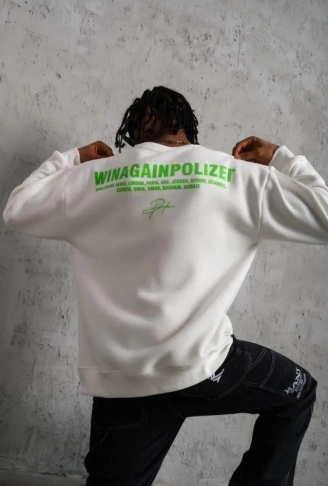 Erkek Oversize Sweatshirt – Beyaz Renk  Ön Ve Sırt Baskılı, Üç İplik İçi Pamuklu Kumaş, Rahat Kalıp, Ribanalı Kışlık Sweat  Winagain Polizei Serisi - Beyaz