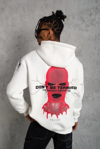 Erkek Oversize Üç İplik Kapüşonlu Sweatshirt – “Don’t Be Terrified” Ön, Sırt Ve Kol Baskılı, Kanguru Cepli, Ribanalı Rahat Model - Beyaz
