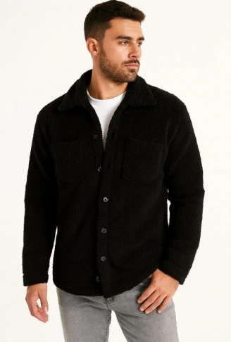 Erkek Pelüş Polar Hırka Gömlek – Yakalı, İlik Düğmeli, Göğüs Cepli, Yumuşak Dokulu Kışlık Regular Fit Rahat Günlük Model - Siyah