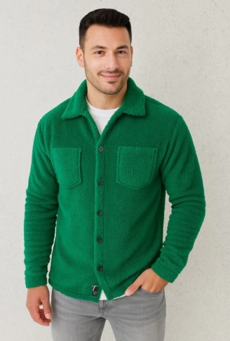 Erkek Pelüş Polar Hırka Gömlek – Yakalı, İlik Düğmeli, Göğüs Cepli, Yumuşak Dokulu Kışlık Regular Fit Rahat Günlük Model - Çimen Yeşili