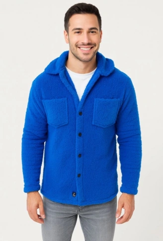 Erkek Pelüş Polar Hırka Gömlek – Yakalı, İlik Düğmeli, Göğüs Cepli, Yumuşak Dokulu Kışlık Regular Fit Rahat Günlük Model - Saks Mavisi
